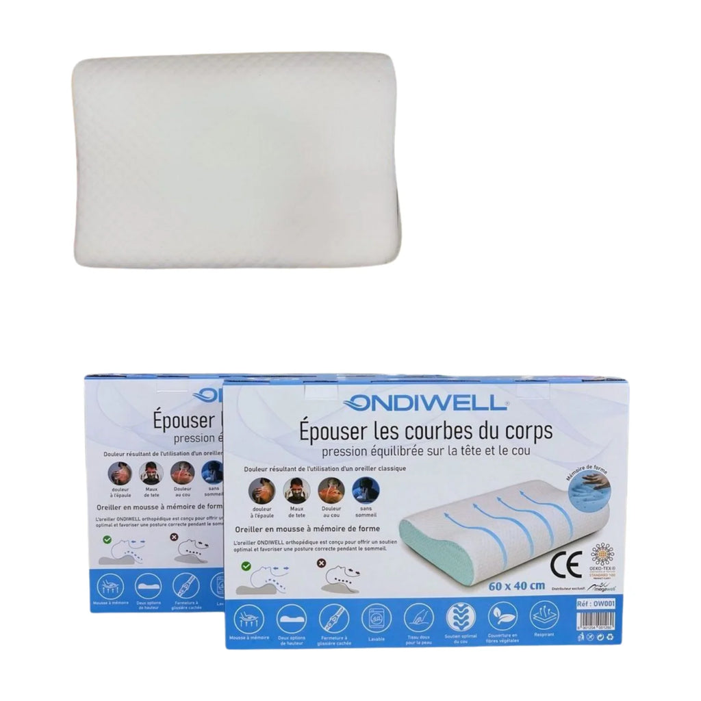 Oreiller Orthopédique Mousse à Mémoire Wave 60x40cm ONDIWELL وسادة طبية مريحة لتقويم العمود الفقري بتقنية الذاكرة 60×40 سم